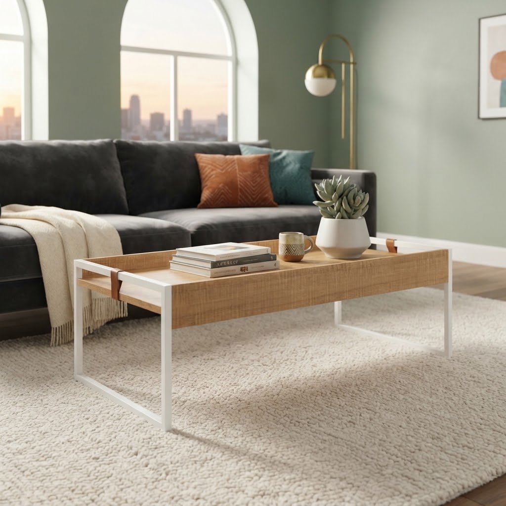 Mesa de Centro Columbia Rectangular Baja - Marrón Claro/Hierro Blanco - Imagen 2