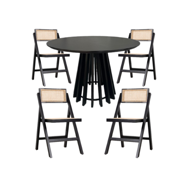 Juego de Comedor Mesa Redonda Negra Pipa 110cm con Sillas Motala Negras de Madera