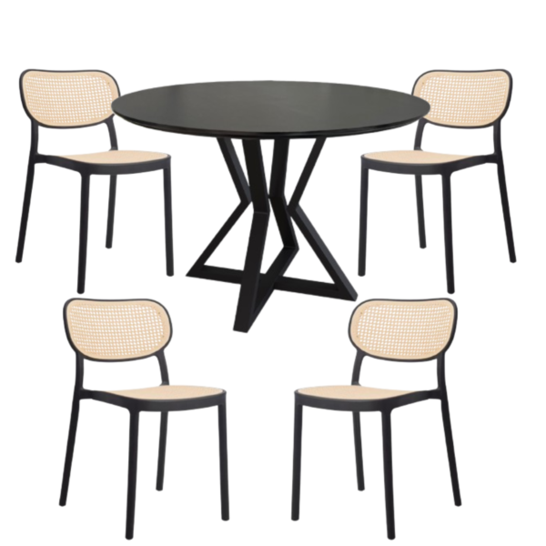 Juego de Comedor Mesa Louvre Redonda Negra 90cm + Sillas Esterilla Polipropileno