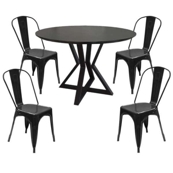 Juego de Comedor Mesa Louvre Redonda Negra 90cm + Sillas Negras Tolix