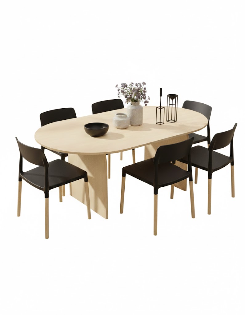 Juego de Comedor Mesa arco crudo 180cm + 6 silla Belloch negra