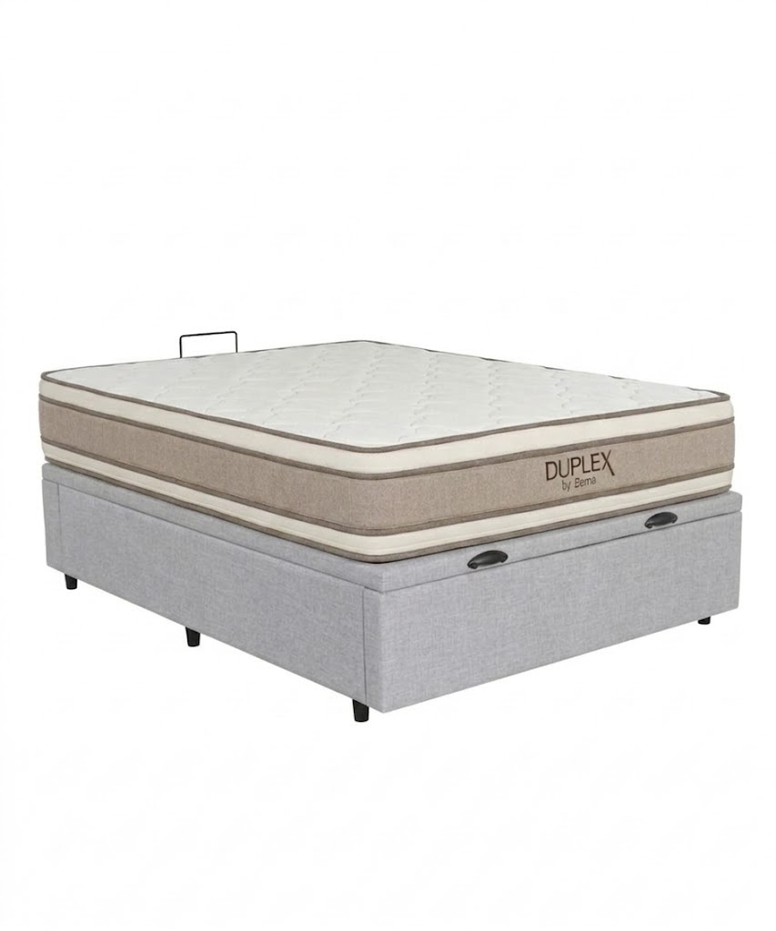 PREVENTA Colchón Duplex Espuma + Doble Pillow + Box Baul Brisa Gris – 1 Plaza y Media