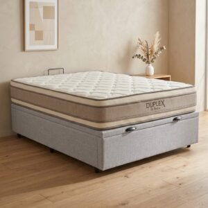 Colchón Duplex Espuma + Doble Pillow + Box Baul Leggo Gris – 1 Plaza y Media