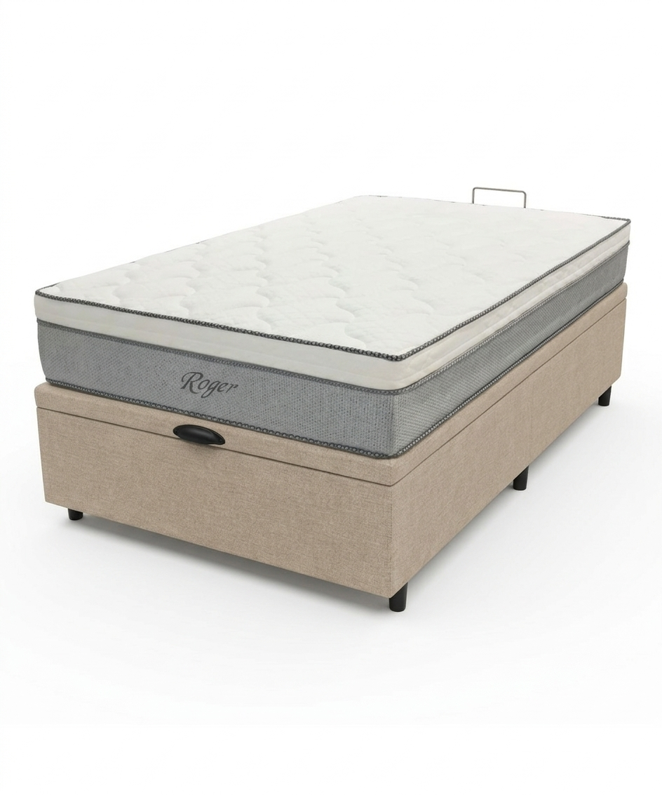 PREVENTA Colchón Roger Resorte + Box Baúl Brisa Beige – 1 Plaza