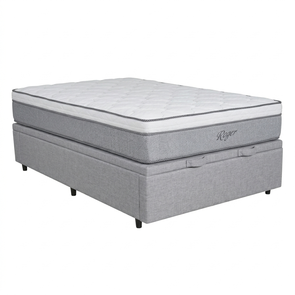 PREVENTA Conjunto Colchón resortes Roger + Box Baúl Brisa Gris (PLAZA Y MEDIA)