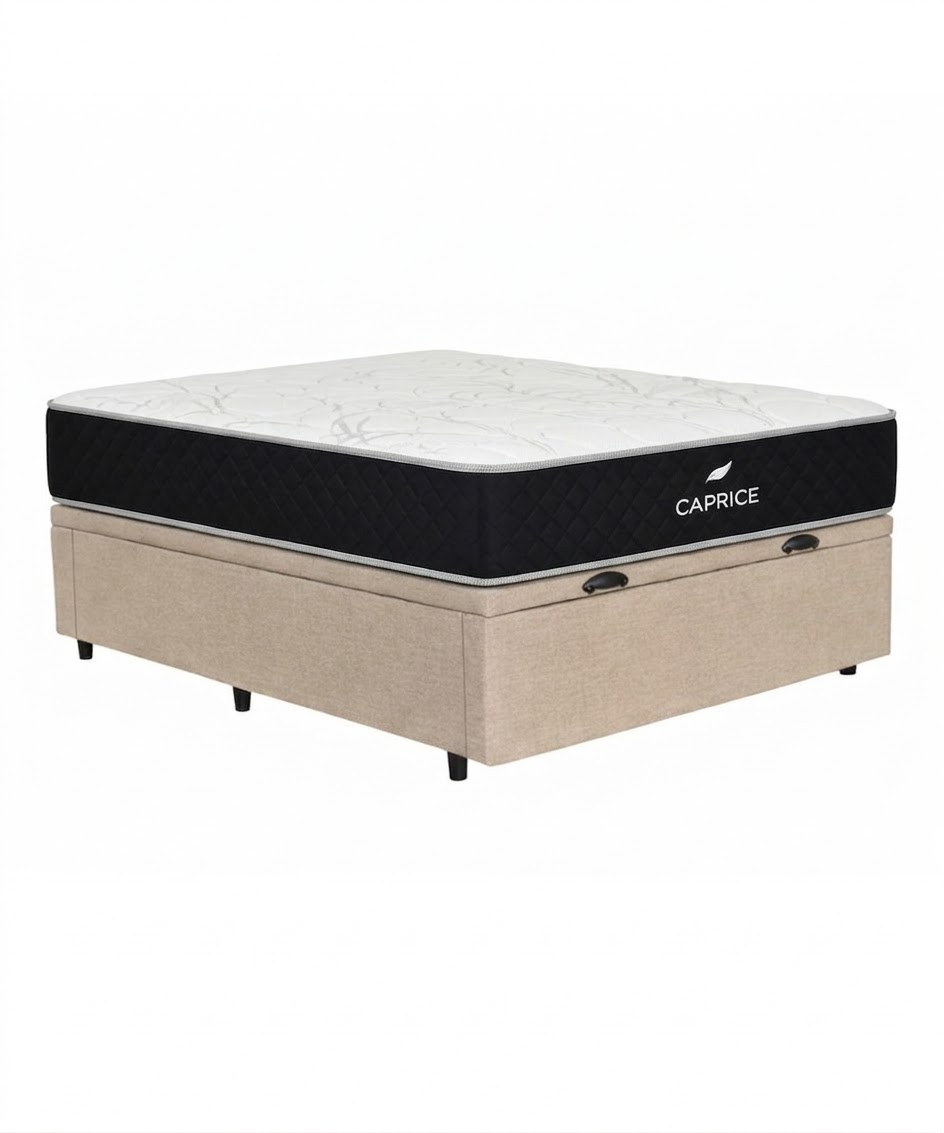 Colchón Caprice Espuma + Box Baúl Brisa Beige – 1 Plaza y Media