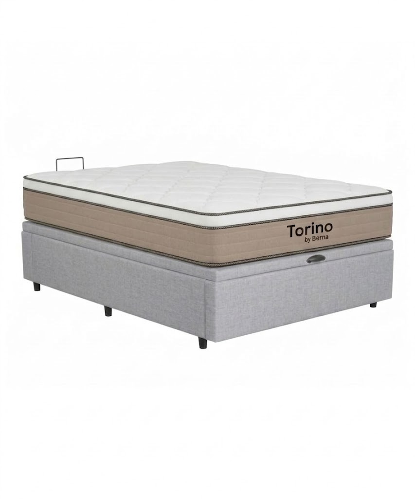 Colchón Torino Espuma + Box Baúl Brisa Gris – 1 Plaza Y Media