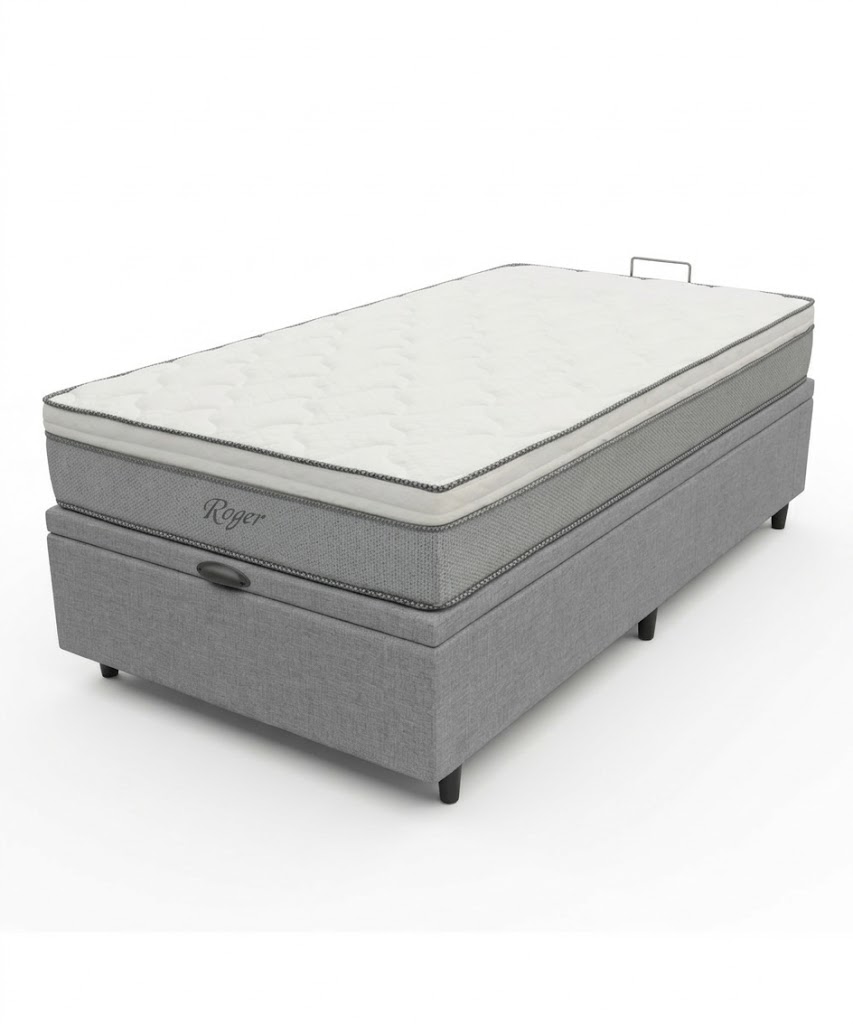 PREVENTA Colchón Roger Resorte + Box Baúl Brisa Gris – 1 Plaza