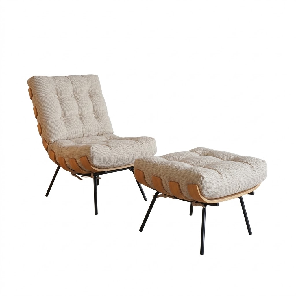 Butaca Sillón Costela Cuero + Puff – Waffle Crudo