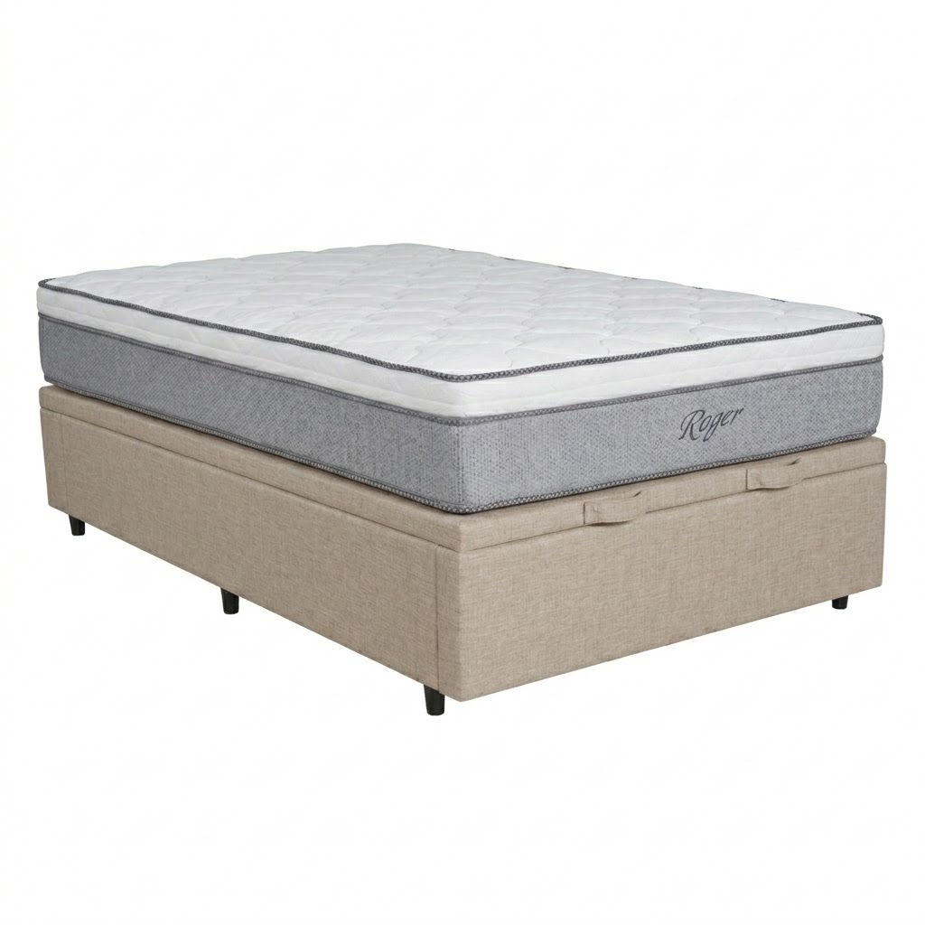 PREVENTA Conjunto Colchón resortes Roger + Box Baúl Brisa Beige (PLAZA Y MEDIA)