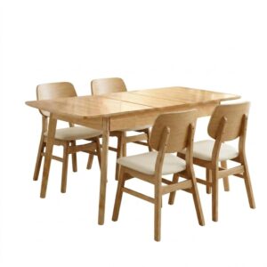 Juego de comedor Mesa Extensible – Madera 90 a 120 cm+ 4 Silla Arcaida – Natural