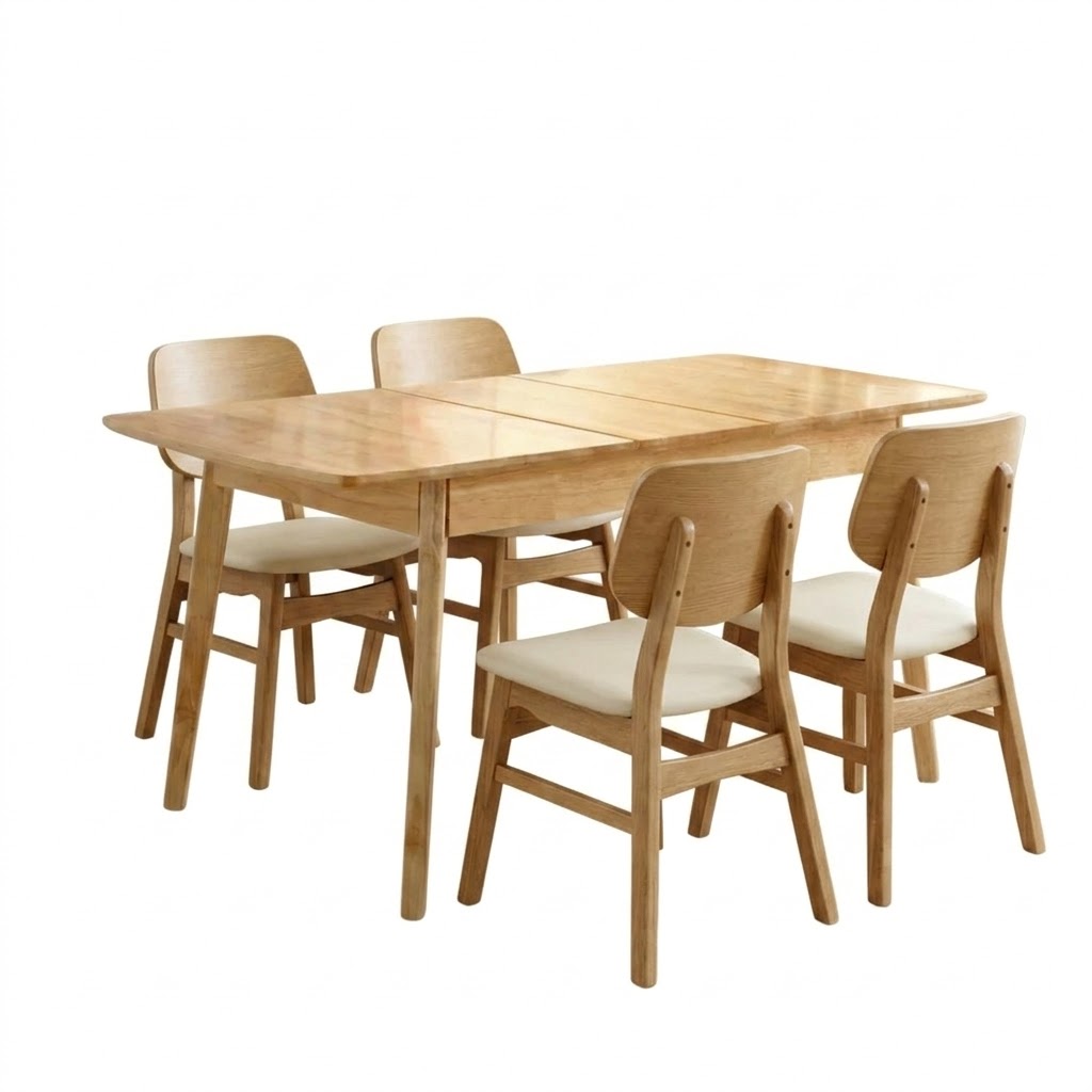 Juego de comedor Mesa Extensible – Madera 90 a 120 cm+ 4 Silla Arcaida – Natural