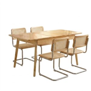Juego de comedor Mesa Extensible – Madera 90 a 120 cm+ 4 Silla Bauhaus Corta – Natural