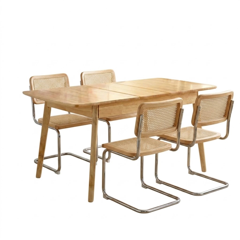 Juego de comedor Mesa Extensible – Madera 90 a 120 cm+ 4 Silla Bauhaus Corta – Natural