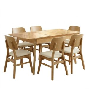 Juego de comedor Mesa Extensible – Madera 90 a 120 cm+ 6 Silla Arcaida – Natural