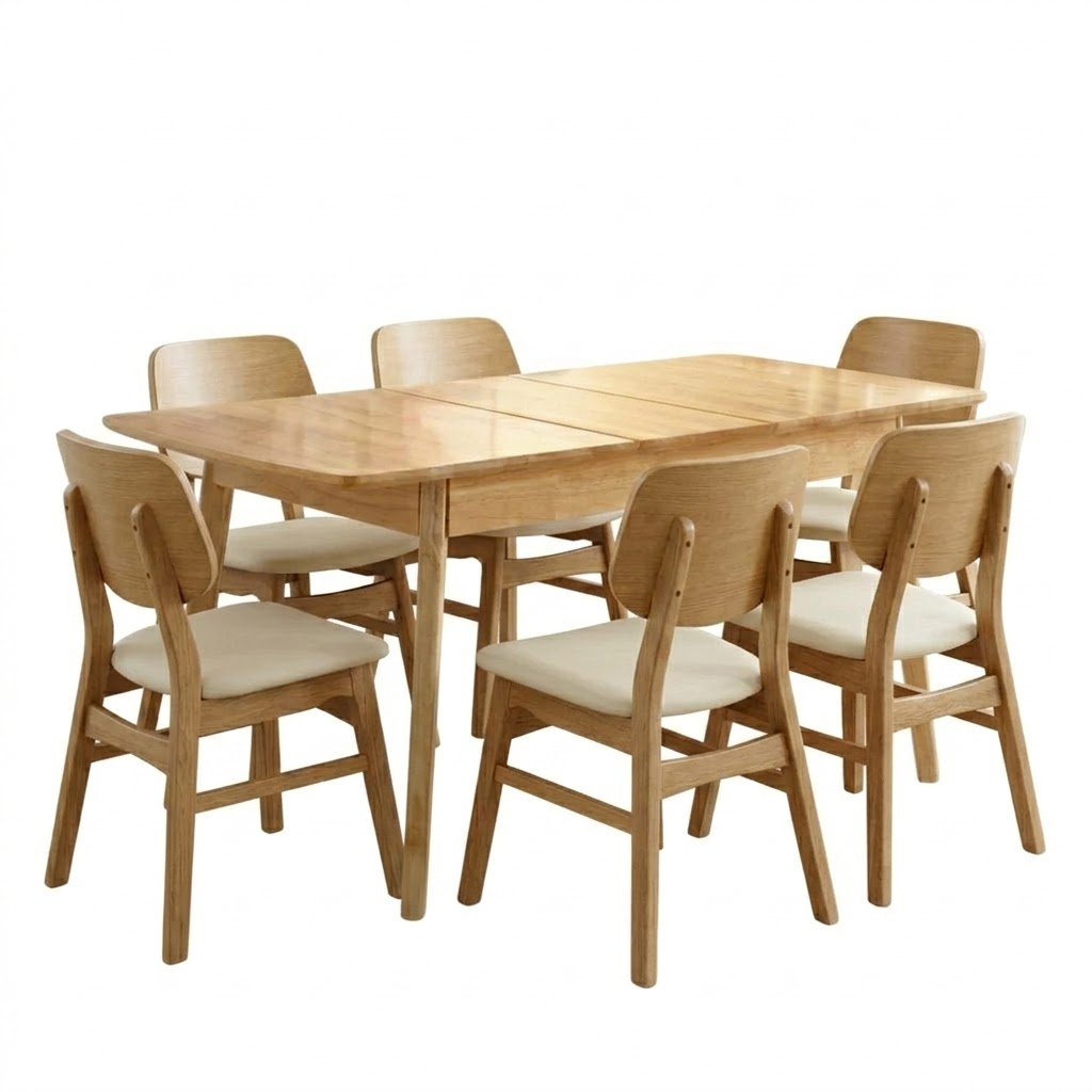 Juego de comedor Mesa Extensible – Madera 90 a 120 cm+ 6 Silla Arcaida – Natural