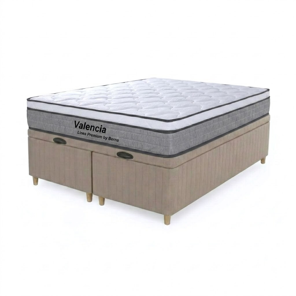 PREVENTA Colchón Valencia + Box Baúl Brisa – Beige QUEEN