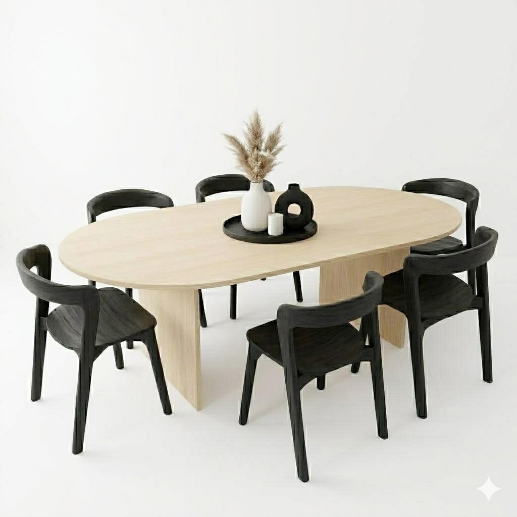 Juego de comedor Mesa Ovalada 180 x 90 Arco – Crudo  + 6 Sillas De Comedor Berta Negra