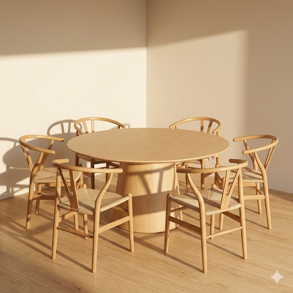 Mesa Redonda de Comedor 120 cm – Natura + 6 Silla Wishbone – Natural - Imagen 2