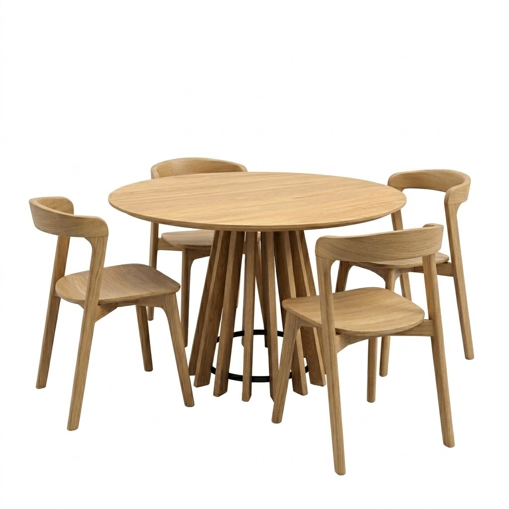 Juego de comedor - Mesa de Comedor Pipa Redonda 110 cm – Olmo + 4 Silla De Comedor Berta Teca
