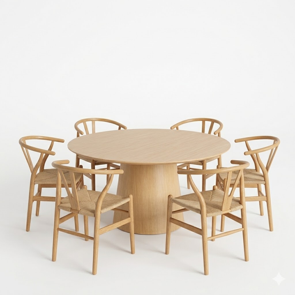 Mesa Redonda de Comedor 120 cm – Natura + 6 Silla Wishbone – Natural