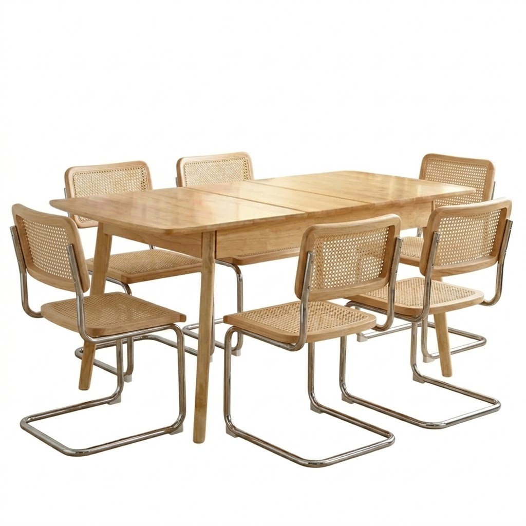 Juego de comedor Mesa Extensible – Madera 90 a 120 cm+ 6 Silla Bauhaus Corta – Natural