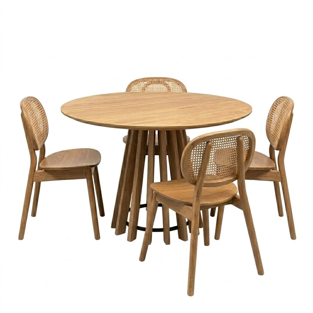 Juego de comedor Mesa de Comedor Pipa Redonda 110 cm + 4 Silla De Comedor Atenas Teca