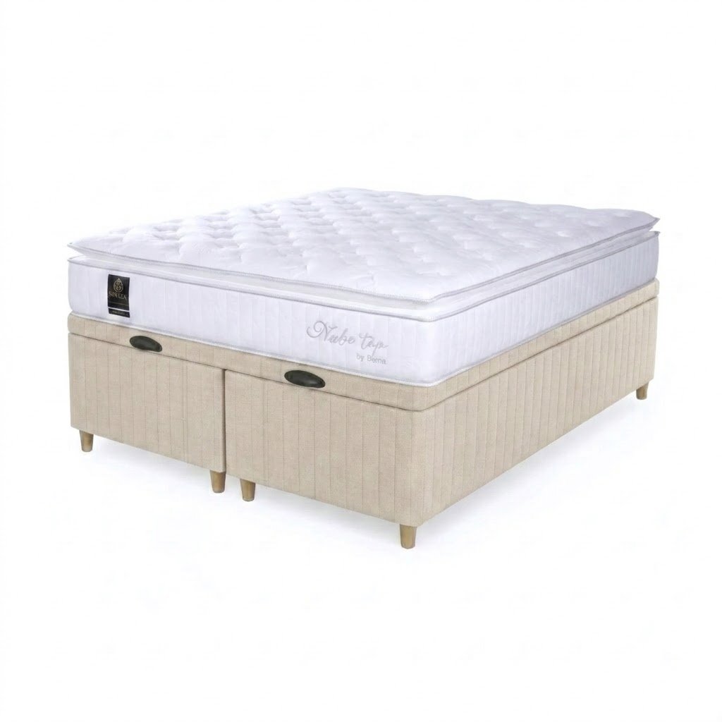 Box Baul Brisa Beige + Colchón Resortes Nube Top – Queen