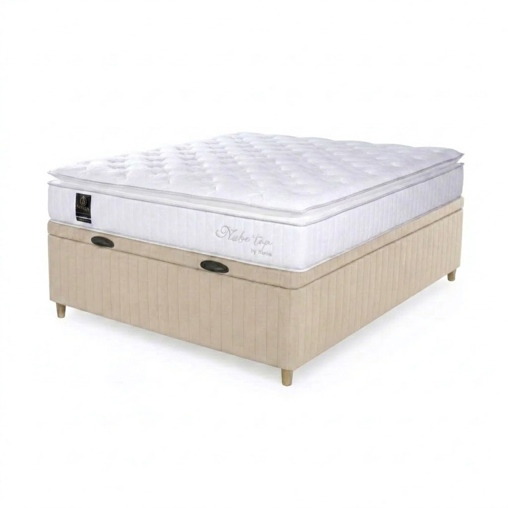 Box Baul Brisa Beige + Colchón Resortes Nube Top – 2 Plazas