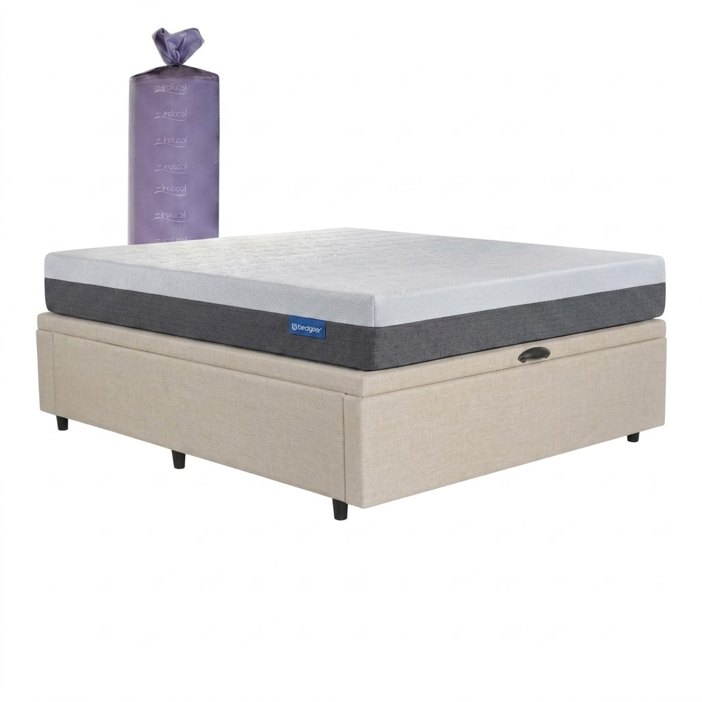Box Baúl Leggo – Beige + Colchón Inducol Espuma Limay (comprimido en bolsa) – 2 Plazas
