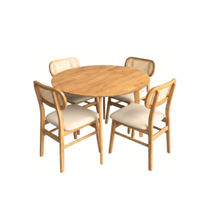 Juego de Comedor Rika Mesa Circular 100cm + 4 Sillas – Marrón Claro