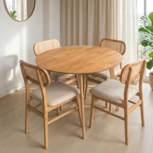 Juego de Comedor Rika Mesa Circular 100cm + 4 Sillas – Marrón Claro