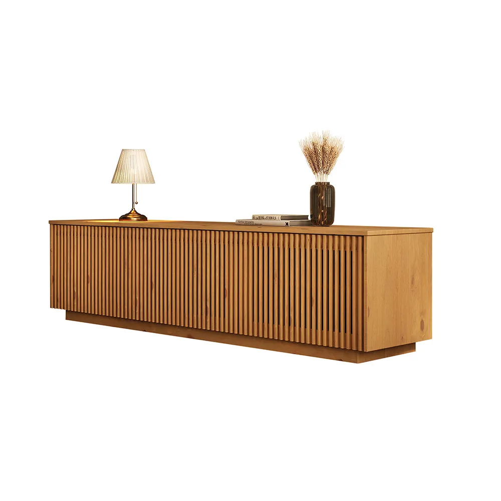 Rack Ripado minimalista 175 TV con listones para televisores de hasta 70 pulgadas, madera maciza, 3 puertas, color freijo.