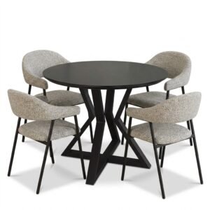 Juego de Comedor Mesa de Comedor Circular Negro + Silla Butaca Camelia Gris
