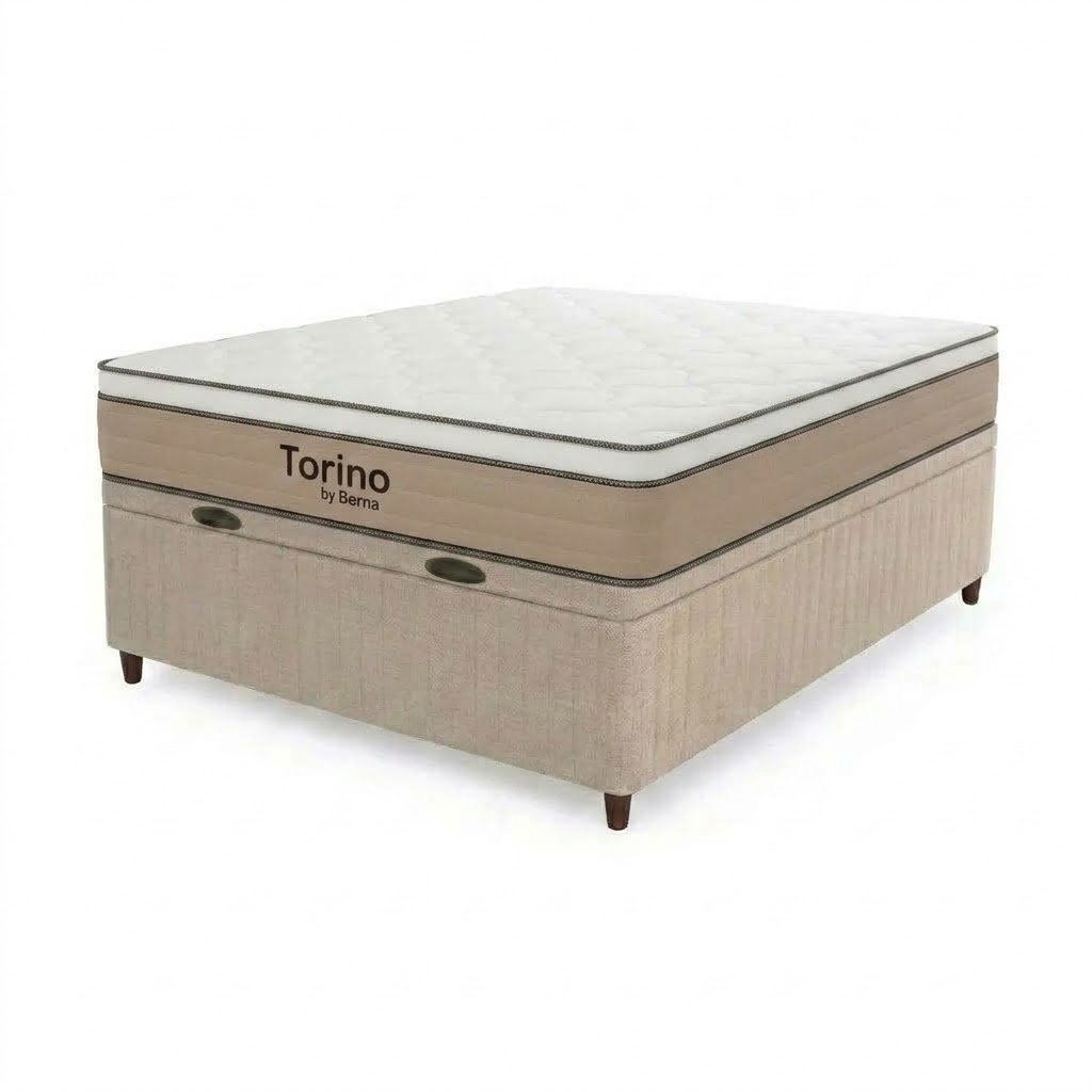 Colchón Torino Espuma + Pillow Top + Box Baul Brisa Beige – 2 Plazas