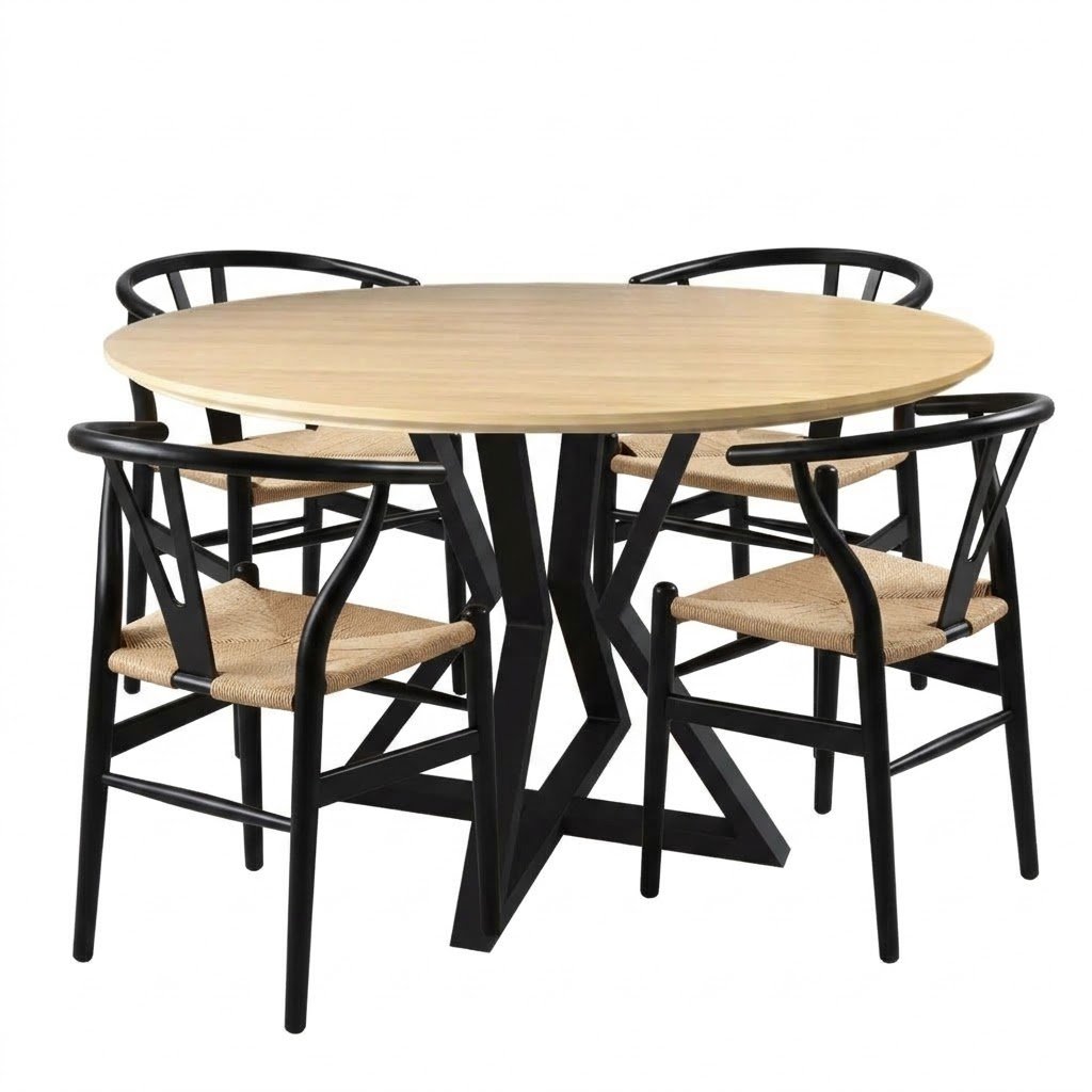 Juego de Comedor Mesa de Comedor Circula Louvre (90 cm) Crudo + Silla Wishbone Negra