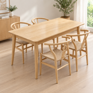 Juego de Comedor Mesa 120 cm Oslo + 4 Sillas Wishbone - Madera Maciza Natural