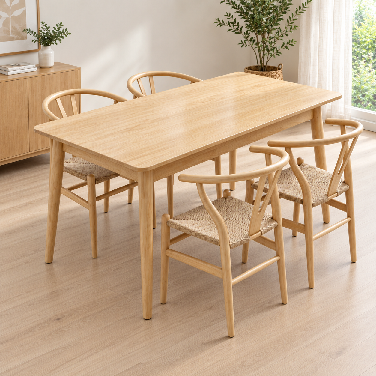 Juego de Comedor Mesa 120 cm Oslo + 4 Sillas Wishbone - Madera Maciza Natural