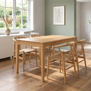 Juego de Comedor Mesa Boston 150 cm + 4 Silla Wishbone Madera – Natural