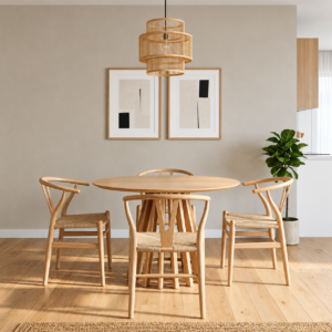 Juego de Comedor Mesa de Comedor Pipa 110 cm + 4 Sillas Wishbone Madera - Natural