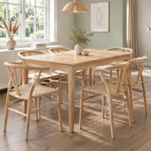 Juego de Comedor Mesa Boston 150 cm + 6 Silla Wishbone Madera – Natural