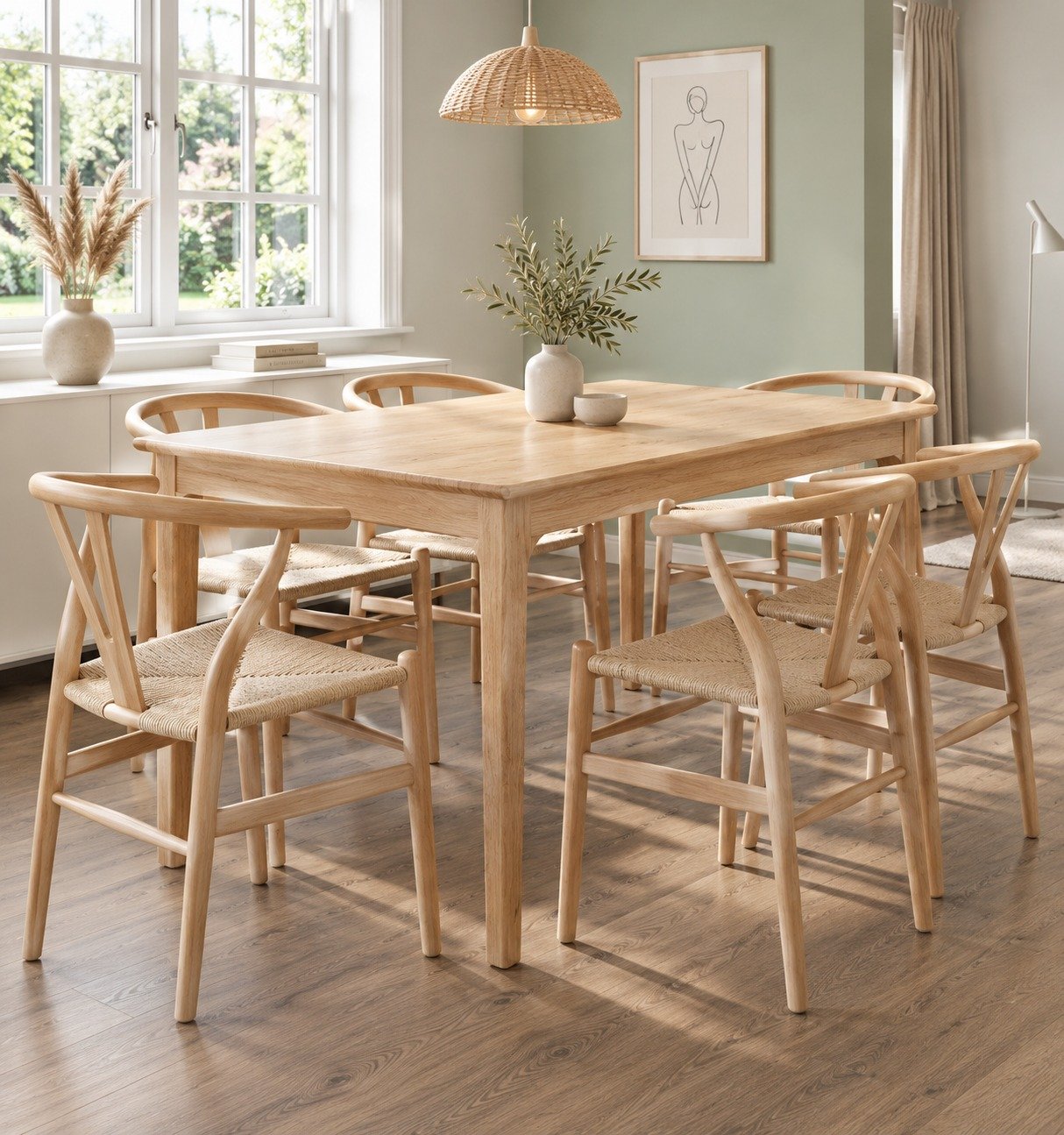 Juego de Comedor Mesa Boston 150 cm + 6 Silla Wishbone Madera – Natural