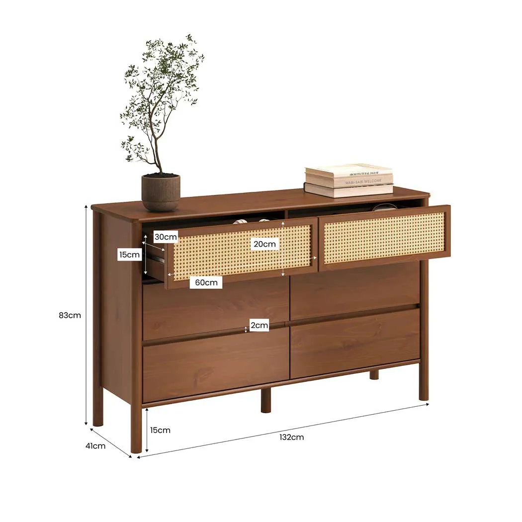 Cómoda madera maciza y ratán 6 cajones Cefira - Castaño - Imagen 3