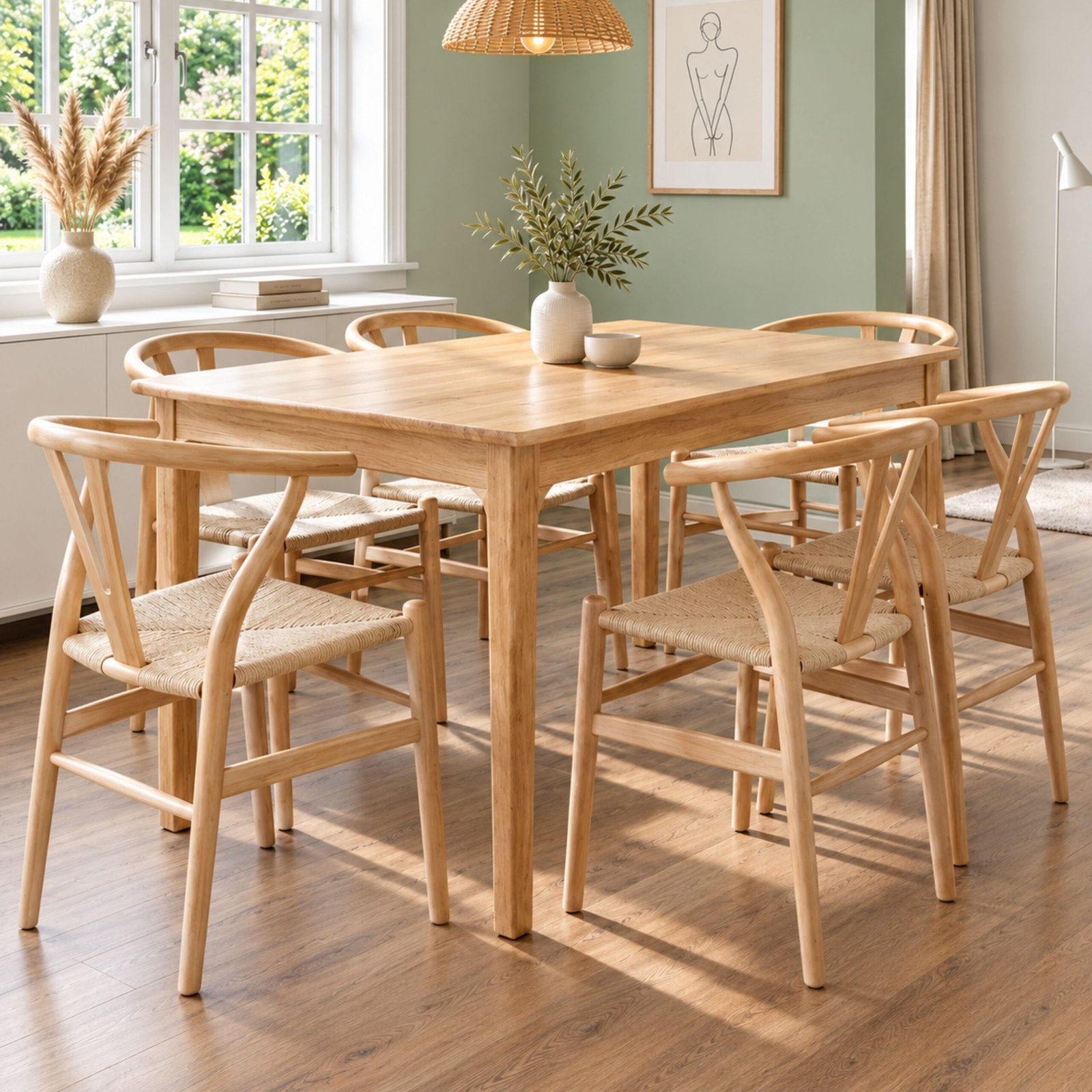 Juego de Comedor Mesa Boston 150 cm + 6 Silla Wishbone Madera – Natural