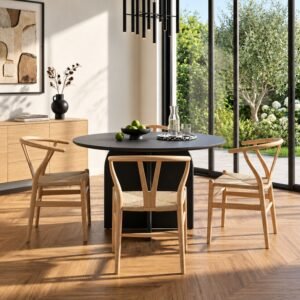 Juego de Comedor Mesa Arco 100cm Negro + 4 Silla Wishbone Natural