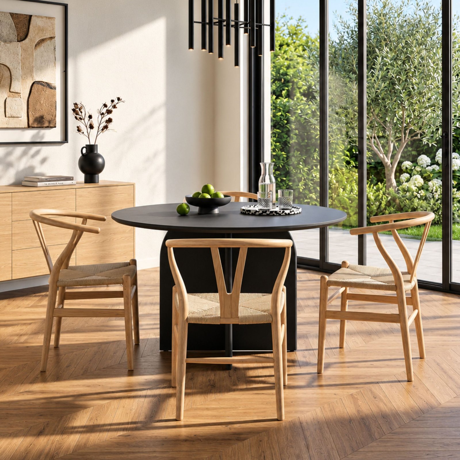 Juego de Comedor Mesa Arco 100cm Negro + 4 Silla Wishbone Natural
