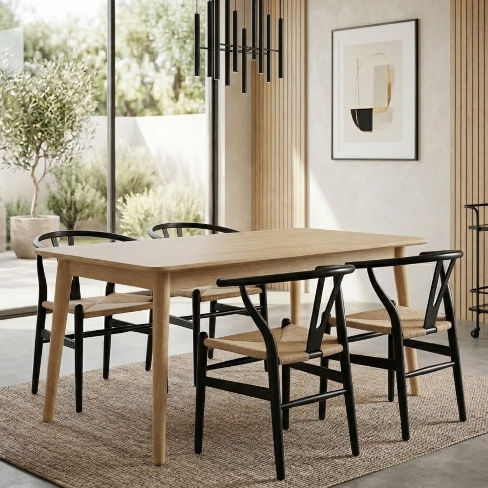 Juego de Comedor Mesa 120 cm Oslo + 4 Sillas Wishbone Negra – Madera Maciza