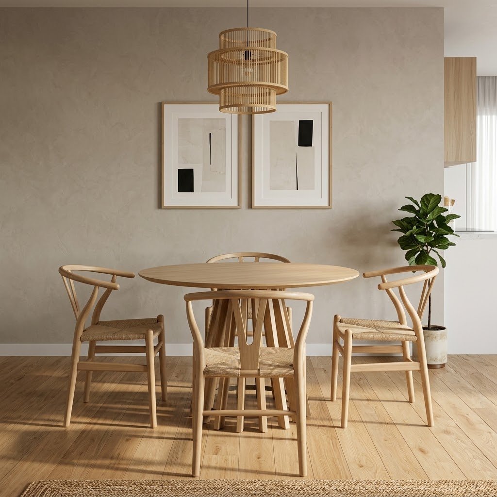 Juego de Comedor Mesa de Comedor Pipa 110 cm + 4 Sillas Wishbone Madera - Natural