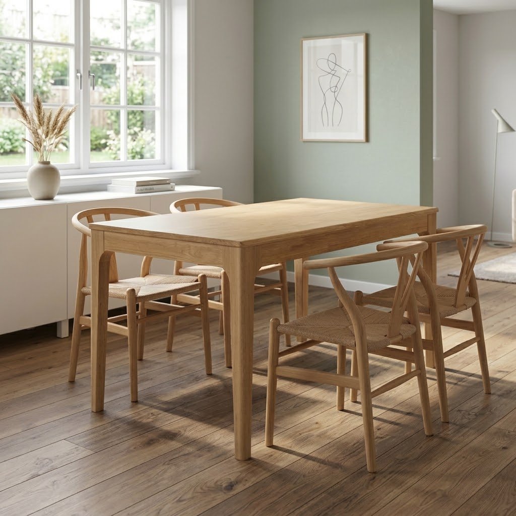 Juego de Comedor Mesa Boston 120 cm + 4 Silla Wishbone Madera - Natural